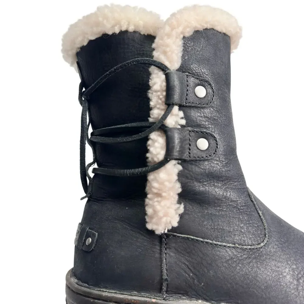 Ugg | Women | Akadia Black Leather Sheepskin Fur Pull On Fall Boots | Size US 7